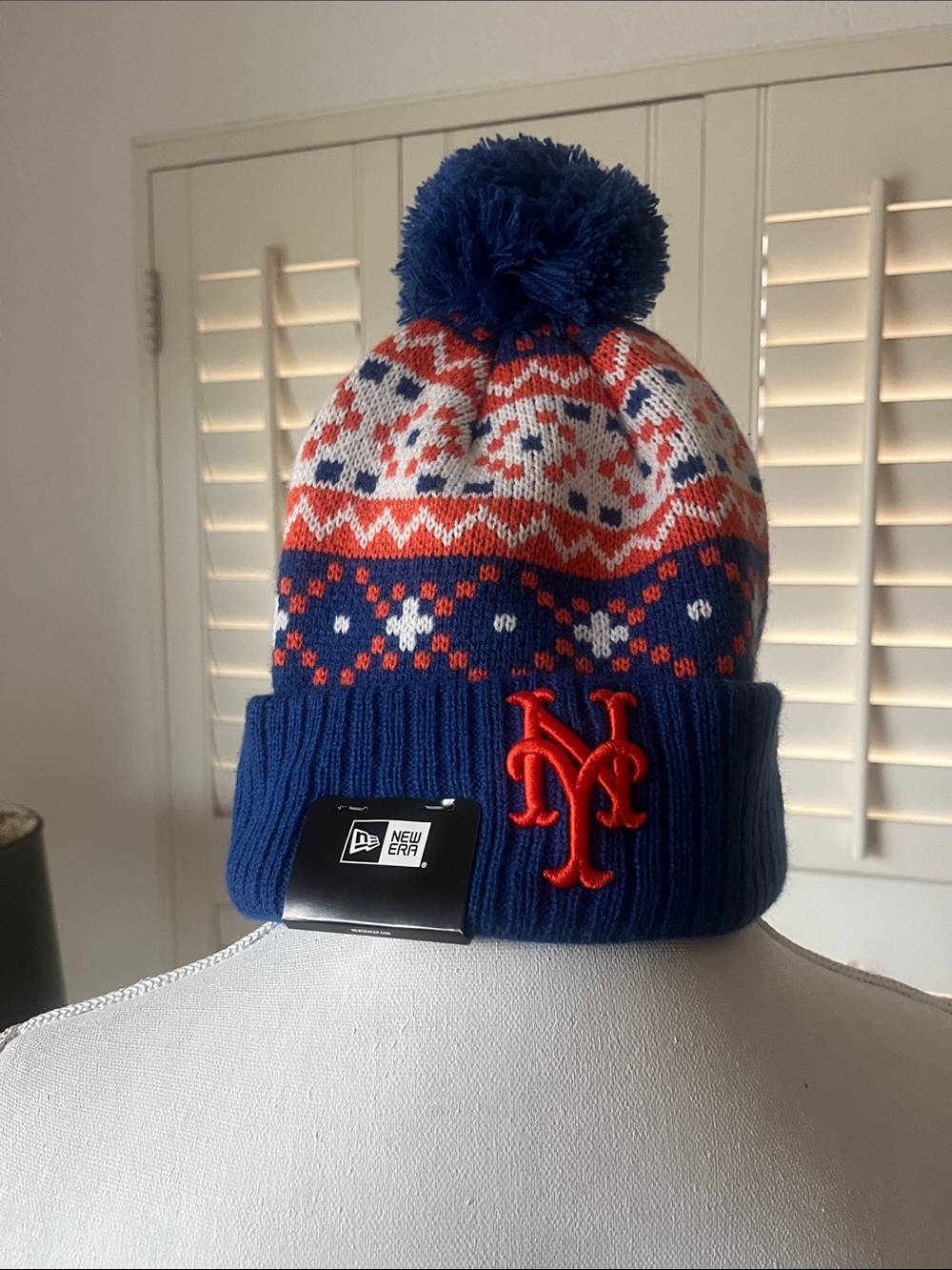 New Era Kids Pom Beanie - Blue, Orange & White NY Mets